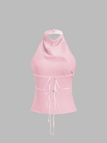 Sweetra 女士纯色简约露背系带吊带背心，适合日常穿着 - 粉色 - 查看 2
