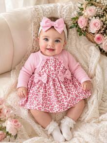 SHEIN 2pcs Baby Girls Tutu Dress Cute Sweet Pink Coral Bow Ruffle Leopard Print Ribbed Long Sleeve Birthday Party Fall Princess First Birthday Cozy Ballet - Baby Pink - View 2