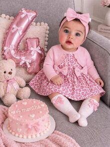 SHEIN 2pcs Baby Girls Tutu Dress Cute Sweet Pink Coral Bow Ruffle Leopard Print Ribbed Long Sleeve Birthday Party Fall Princess First Birthday Cozy Ballet - Baby Pink - View 1