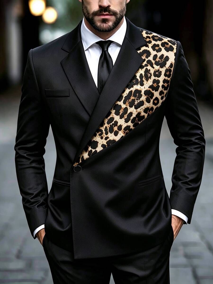 Manfinity Mode Men's Fashion Leopard Print Color Block Asymmetrical Design Casual Blazer And Slim Fit Tapered Pants Set - Black - View 1