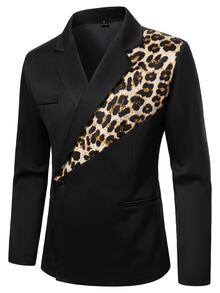 Manfinity Mode طقم رجالي من بليزر كاجوال بتصميم غير متماثل مع طباعة نمر وكتل لونية وبنطال ضيق بقصة مدببة - الأسود - مشاهدة 5