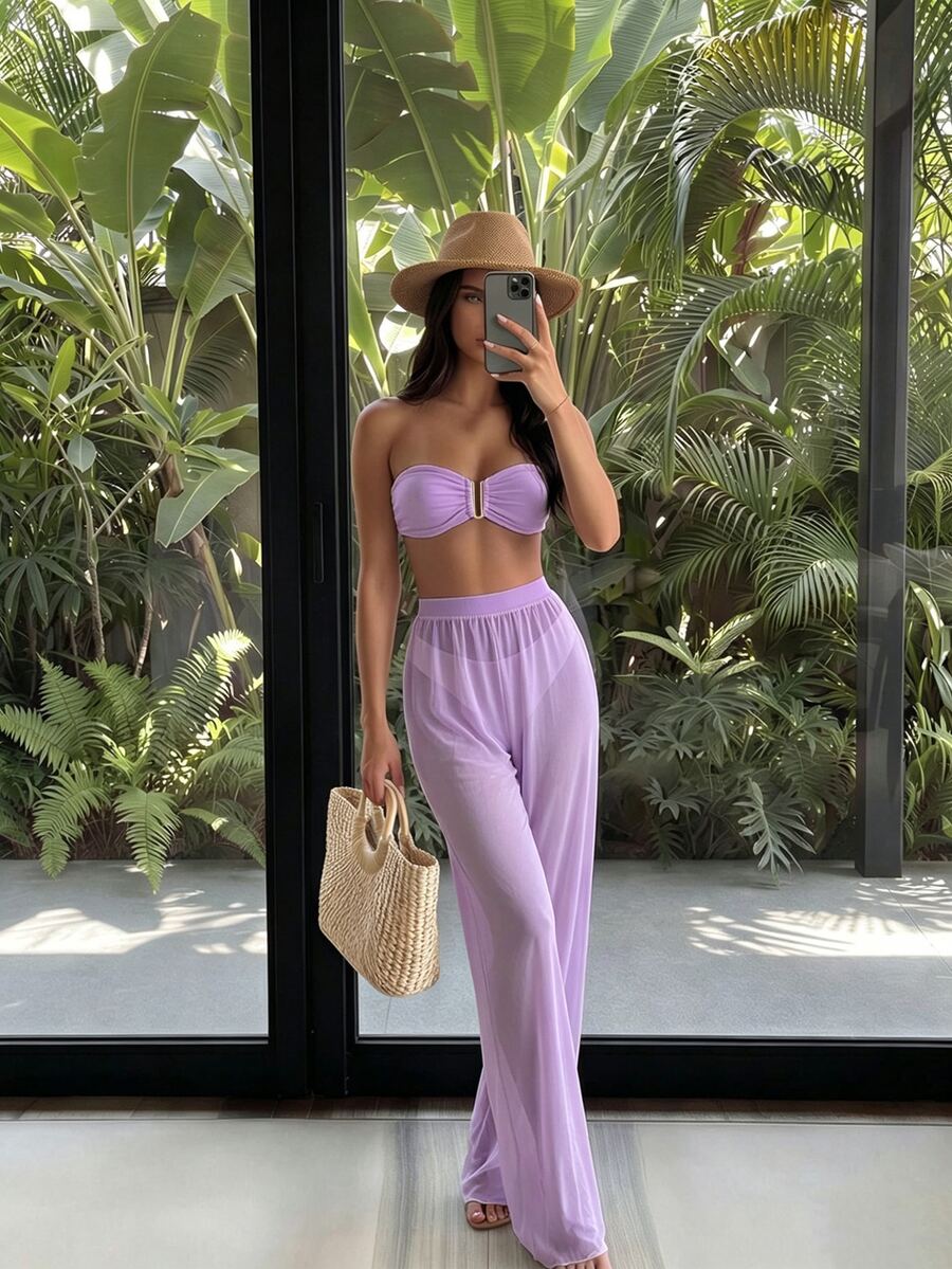 Summer Beach Solid Color Separated Bathing Suit 3-Piece Set - Lilac Purple - View 1