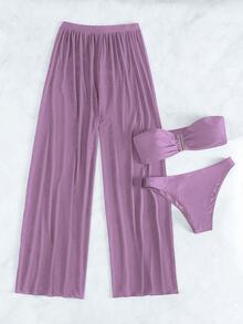 Summer Beach Solid Color Separated Bathing Suit 3-Piece Set - Lilac Purple - View 3