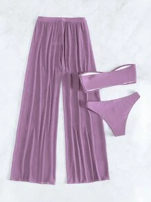 Summer Beach Solid Color Separated Bathing Suit 3-Piece Set - Lilac Purple - View 2