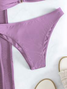 Summer Beach Solid Color Separated Bathing Suit 3-Piece Set - Lilac Purple - View 5