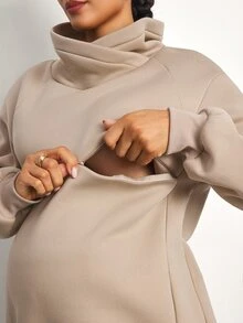 MaterniWear Cocok untuk Kerja Kantor dan Perjalanan, Sweatshirt Lengan Panjang dengan Resleting dan Fungsi Menyusui, Serbaguna untuk Ibu Hamil, Musim Gugur - Khaki - View 3