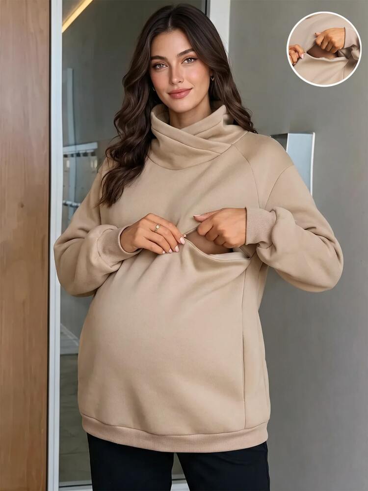MaterniWear 辦公通勤穿搭，孕婦百搭拉鍊哺乳功能長袖口袋衛衣，秋季 - 卡其色 - 查看 11