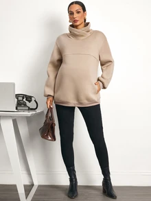 MaterniWear Cocok untuk Kerja Kantor dan Perjalanan, Sweatshirt Lengan Panjang dengan Resleting dan Fungsi Menyusui, Serbaguna untuk Ibu Hamil, Musim Gugur - Khaki - View 6