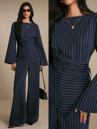Poéselle Women's Elegant Commute Striped Tie-Front Wrap Top & Pants Suit Set,Striped Shirt&Pants,Elegant Women's Set,Work Outfits ,Going Out Outfits,Fall/Winte