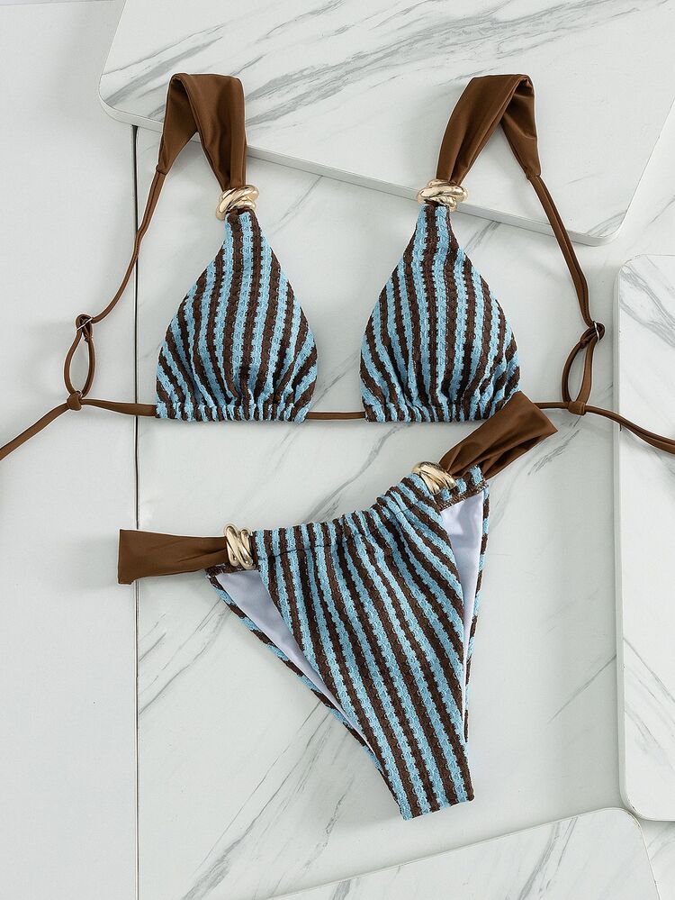 Swim Vcay Women's Spring/Summer Beach Striped Jacquard Fabric Color Block Metallic Accessories Wide Strap Thong Bikini Set - Cute Casual Style - Multicolor - View 3