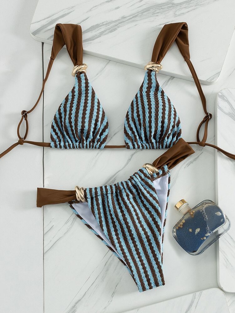 Swim Vcay Women's Spring/Summer Beach Striped Jacquard Fabric Color Block Metallic Accessories Wide Strap Thong Bikini Set - Cute Casual Style - Multicolor - View 6