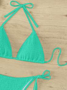 SHEIN Swim 女士夏季度假海滩纯色纹理吊带比基尼套装，随机印花 - 綠色 - 查看 4