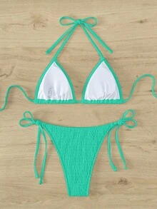 SHEIN Swim 女士夏季度假海滩纯色纹理吊带比基尼套装，随机印花 - 綠色 - 查看 5