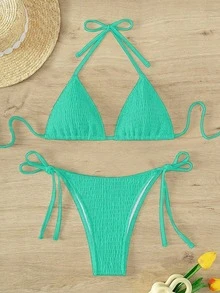 SHEIN Swim 女士夏季度假海滩纯色纹理吊带比基尼套装，随机印花 - 綠色 - 查看 2