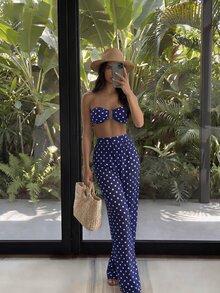 Bonvoyette 女款夏季海灘波點抹胸比基尼三角褲兩件式泳衣套裝附裙子 - 彩色 - 查看 1