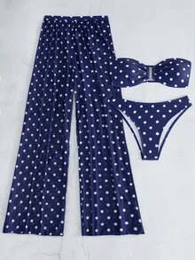 Bonvoyette 女款夏季海灘波點抹胸比基尼三角褲兩件式泳衣套裝附裙子 - 彩色 - 查看 3