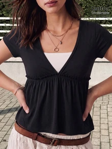 GalTyme Plus Size Women's 2-In-1 Short Sleeve Casual T-Shirt - Black and White - View 1