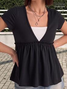 GalTyme Plus Size Women's 2-In-1 Short Sleeve Casual T-Shirt - Black and White - View 4