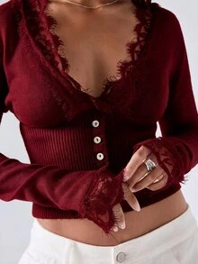 LYSMO Women's Lace Patchwork Casual Versatile Daily Wear Cardigan - Red - View 7