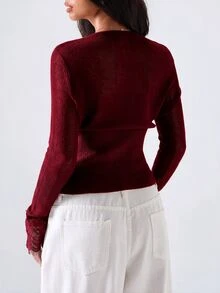 LYSMO Women's Lace Patchwork Casual Versatile Daily Wear Cardigan - Red - View 2