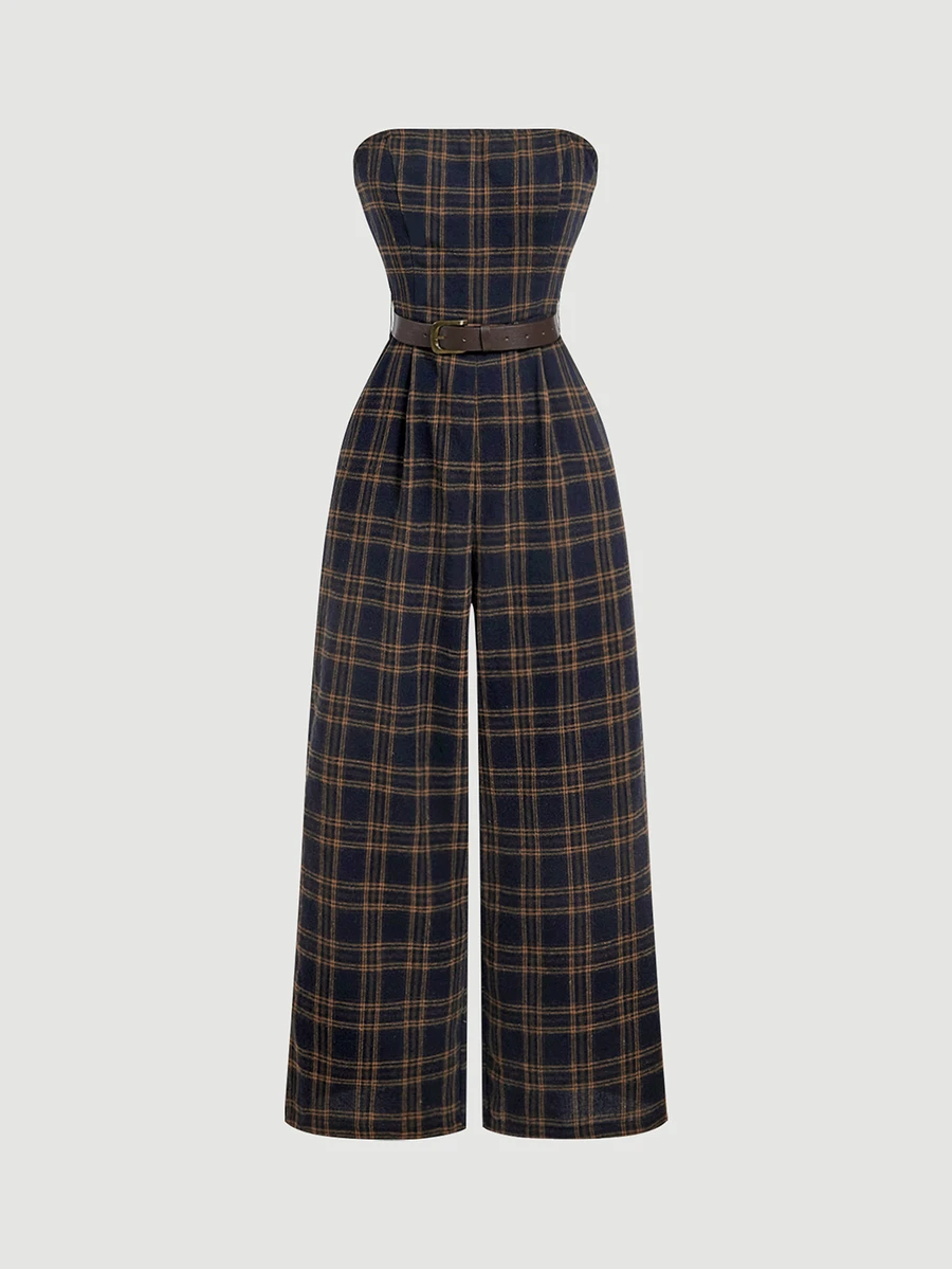 Skyraze Women's Plaid Casual Daily Strapless Jumpsuit - Navy Blue - View 1