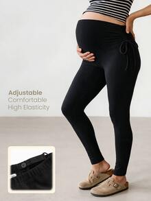 Modmama Adjustable Waistband Maternity Casual Leggings - Black - View 2