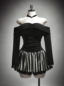 SHEIN ICON Plus Size Y2K Black Off Shoulder Ruched Chest Low Waist A-Line Mini Dress, Halloween Fall - Black - View 8