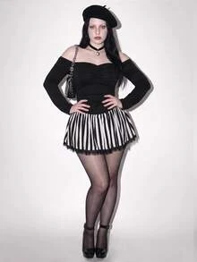 SHEIN ICON Plus Size Y2K Black Off Shoulder Ruched Chest Low Waist A-Line Mini Dress, Halloween Fall - Black - View 10
