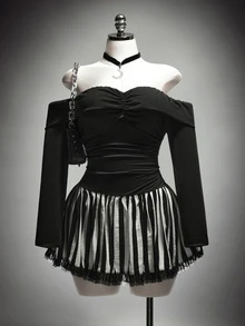 SHEIN ICON Plus Size Y2K Black Off Shoulder Ruched Chest Low Waist A-Line Mini Dress, Halloween Fall - Black - View 1