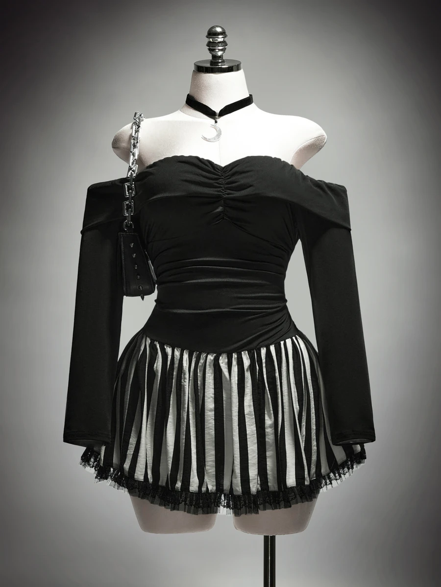 SHEIN ICON Plus Size Y2K Black Off Shoulder Ruched Chest Low Waist A-Line Mini Dress, Halloween Fall - Black - View 1