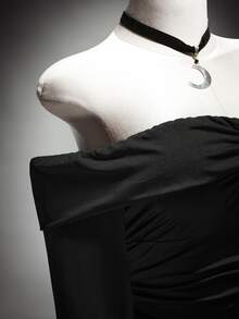 SHEIN ICON Plus Size Y2K Black Off Shoulder Ruched Chest Low Waist A-Line Mini Dress, Halloween Fall - Black - View 7