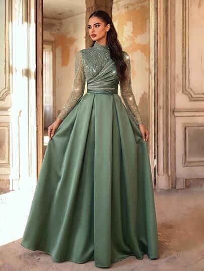 Aureia Elegant Luxurious Beaded Bubble Embroidery Sequin Patchwork Satin Sheer Sleeve Mermaid Skirt Conservative Full Skirt Sheer Sleeves Suitable For Wedding Events Bachelor Party Vacation Ball Dinner Evening Dress (Heavy Workmanship Style)