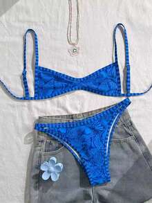 Swim Mod Women's Spaghetti Strap Orange Floral Print Sexy Beach Vacation Swimwear Set - Blue - View 3
