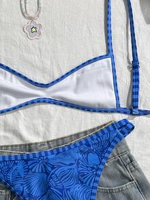 Swim Mod Women's Spaghetti Strap Orange Floral Print Sexy Beach Vacation Swimwear Set - Blue - View 5