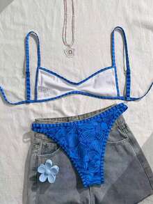 Swim Mod Women's Spaghetti Strap Orange Floral Print Sexy Beach Vacation Swimwear Set - Blue - View 2