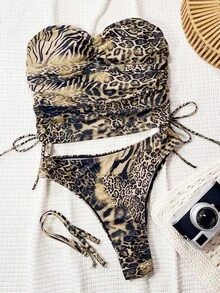 Swim SXY Set de bikini casual de 2 piezas para mujer con estampado de leopardo, correa desmontable, fruncido en la cintura y cordón de ajuste - Multicolor - Ver 5
