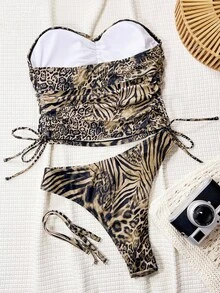 Swim SXY Set de bikini casual de 2 piezas para mujer con estampado de leopardo, correa desmontable, fruncido en la cintura y cordón de ajuste - Multicolor - Ver 2