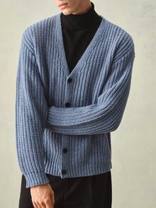 Manfinity CasualKnits Fall Clothes For Man Men's Casual Solid Color Cardigan, Versatile For Autumn/Winter Formal Old Money Cardigan Men - Blue - View 8