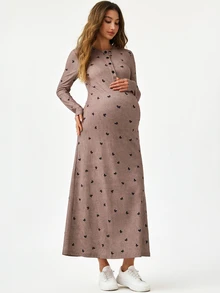 Modmama 孕婦蝴蝶結印花鈕扣半開襟長袖休閒洋裝 秋季 - 彩色 - 查看 7