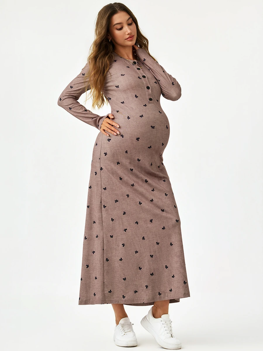 Modmama Maternity Bow Print Button Half-Placket Long Sleeve Casual Dress Fall - Multicolor - View 1