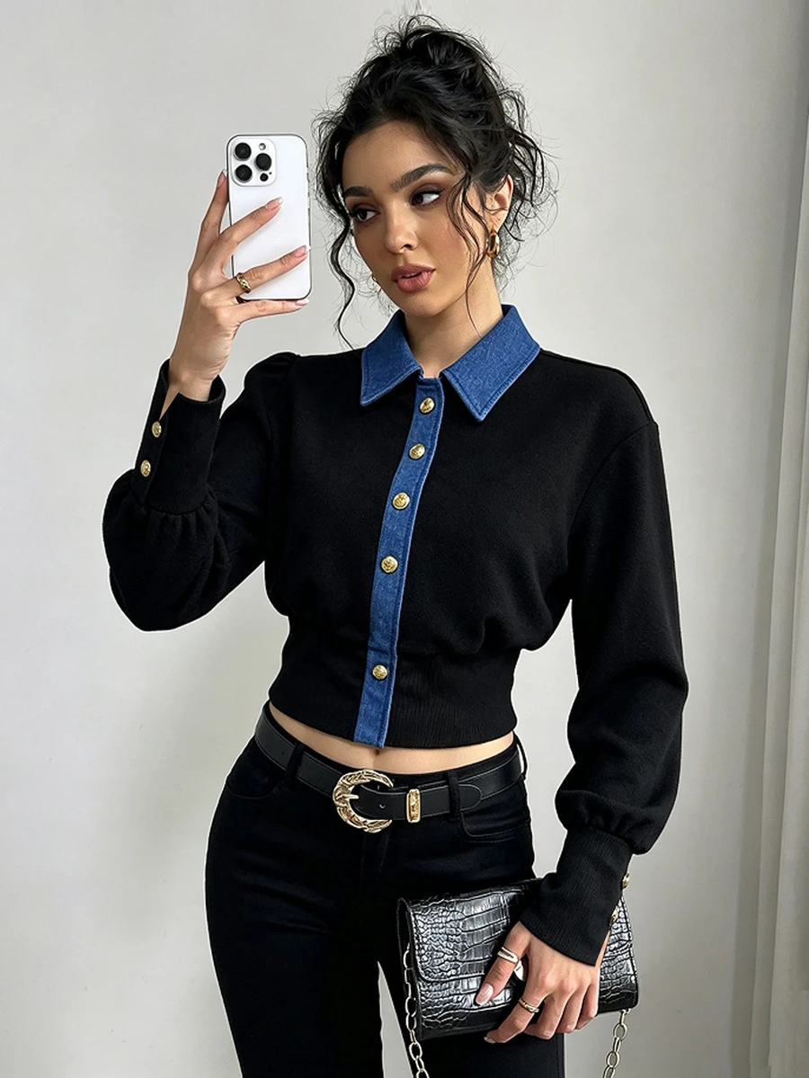 SHEIN Raffinéa 女款美式復古拼色收腰對比拼接翻領開襟金屬鈕扣裝飾夾克 - 黑色 - 查看 1