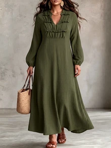 Linhara CURVE Plus Size Women's Spring/Autumn New Collar Ruched Ruffle V-Neck Skin-Friendly Textured Fabric Long Loose Green Dress Fall - Army Green - View 7
