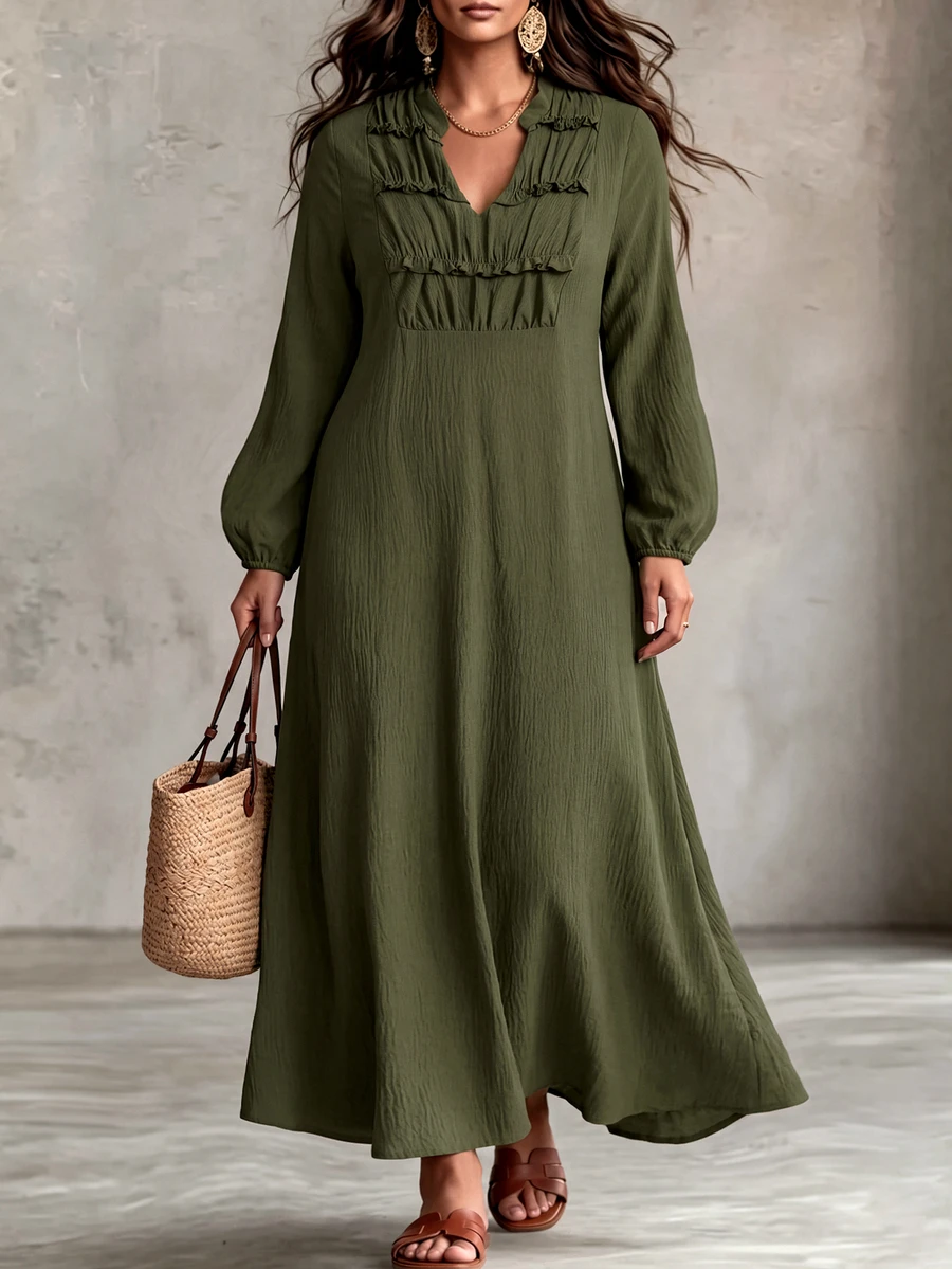Linhara CURVE Plus Size Women's Spring/Autumn New Collar Ruched Ruffle V-Neck Skin-Friendly Textured Fabric Long Loose Green Dress Fall - Army Green - View 1