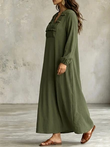 Linhara CURVE Plus Size Women's Spring/Autumn New Collar Ruched Ruffle V-Neck Skin-Friendly Textured Fabric Long Loose Green Dress Fall - Army Green - View 2