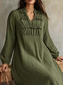 Linhara CURVE Plus Size Women's Spring/Autumn New Collar Ruched Ruffle V-Neck Skin-Friendly Textured Fabric Long Loose Green Dress Fall - Army Green - View 1