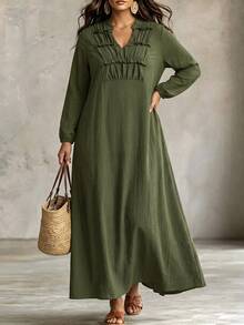 Linhara CURVE Plus Size Women's Spring/Autumn New Collar Ruched Ruffle V-Neck Skin-Friendly Textured Fabric Long Loose Green Dress Fall - Army Green - View 6