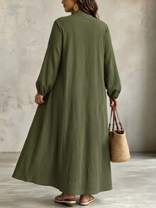 Linhara CURVE Plus Size Women's Spring/Autumn New Collar Ruched Ruffle V-Neck Skin-Friendly Textured Fabric Long Loose Green Dress Fall - Army Green - View 5