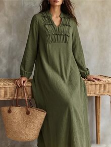 Linhara CURVE Plus Size Women's Spring/Autumn New Collar Ruched Ruffle V-Neck Skin-Friendly Textured Fabric Long Loose Green Dress Fall - Army Green - View 8