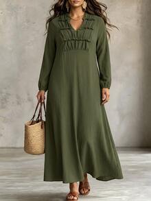 Linhara CURVE Plus Size Women's Spring/Autumn New Collar Ruched Ruffle V-Neck Skin-Friendly Textured Fabric Long Loose Green Dress Fall - Army Green - View 3