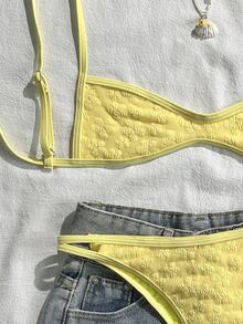 SHEIN Swim 女款夏季套裝，黃色細肩帶特殊面料性感海灘度假泳衣套裝 - 黃色 - 查看 5